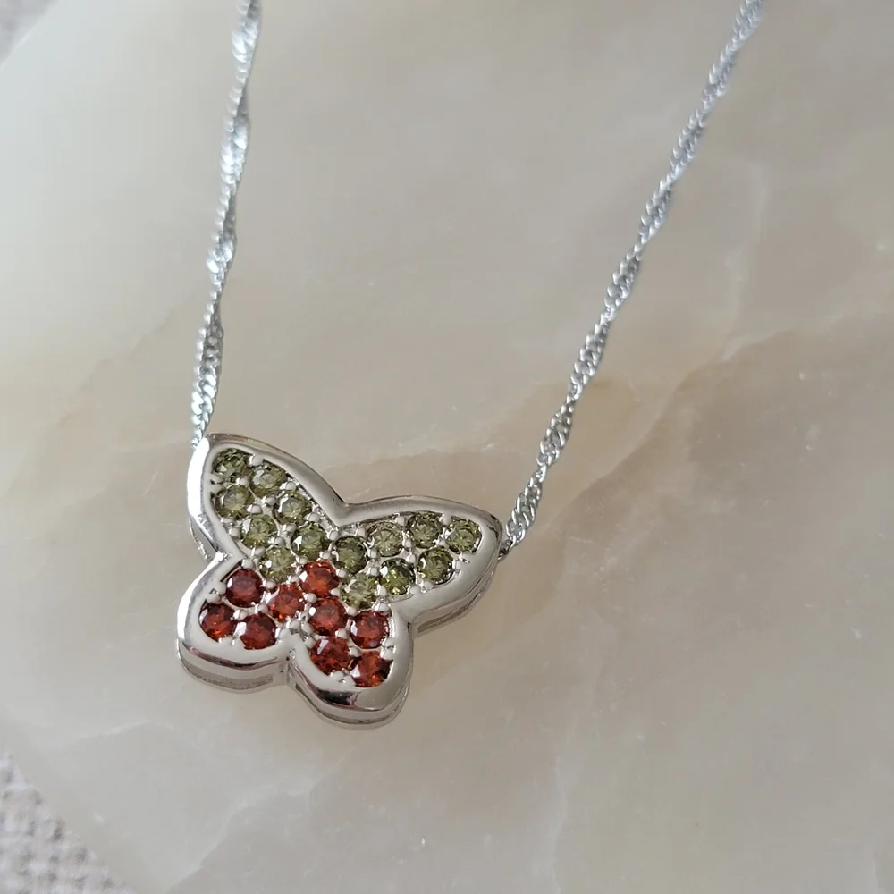Gemstone Pave Butterfly Necklace Red and Green 18k white gold filled 925 Silver